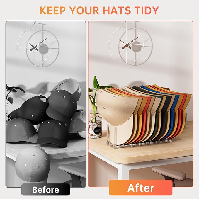 Kadolina Hat Organizer for Baseball Caps, Acrylic Hat Rack for 12 Baseball Caps, Hat Holder Display and Organizer for Closet, Tabletop, Dressing Table (Transparent)