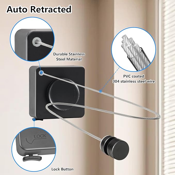 15.7Ft Retractable Clothesline Indoor an Anti-sag Retractable Clothesline Outdoor,Laundry Line Wall Mounted Stainless Steel Wire Laundry, with 12 Clip(Black)