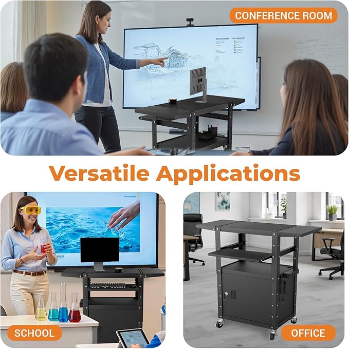 Mobile AV Cart with Pullout Keyboard Tray, Rolling Computer Cart Height Adjustable Rolling Media Utility Cart with Extra Storage Space, 4 Outlets, Perfect for Home or Office Use