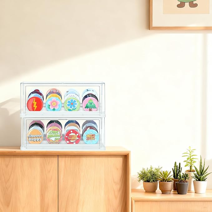 2 Pack Button Pin Display Case – 4-Tier Clear Badge Storage Box, Stackable Dustproof Pin Organizer with Front Door for Button Pins, Enamel Pins, and Collectibles (White-2 Pack)