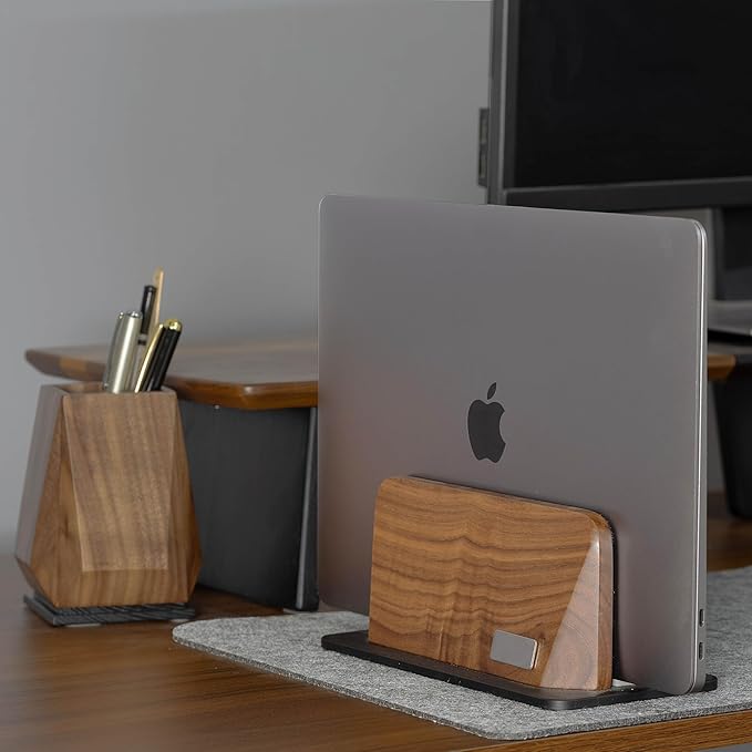 Vertical Laptop Stand, Black Walnut Wood Laptop Holder Vertical for Desk - Heavy Black Aluminum Base | Adjustable Dock (8-38mm) Fits Most Laptops, MacBooks (Black Base)