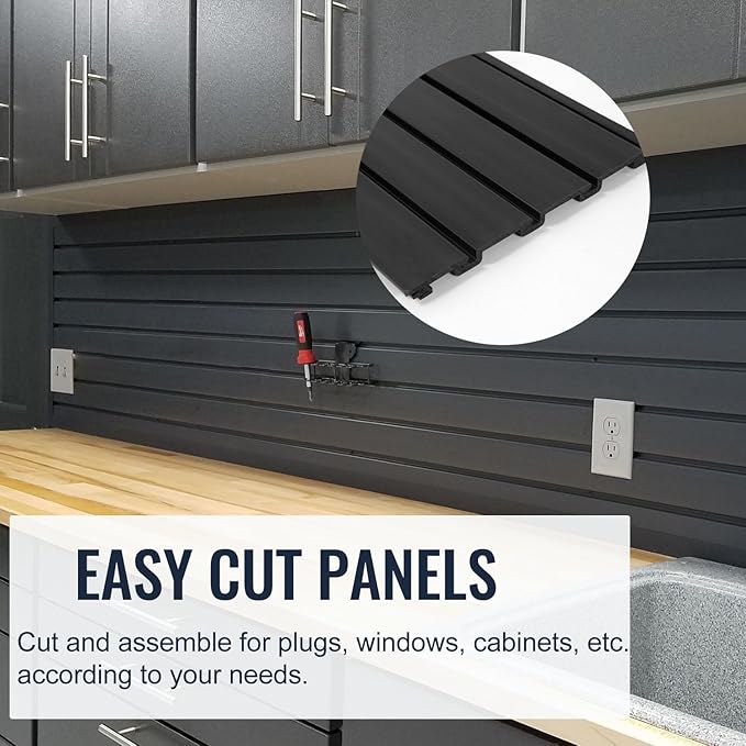 Slatwall Panel Garage Organizer PVC Slatwall Heavy Duty Wall Mounted Rack, Interlocking Slat Wall Panels for Tool Organization Peg Board (Black 4 x 8 ft)