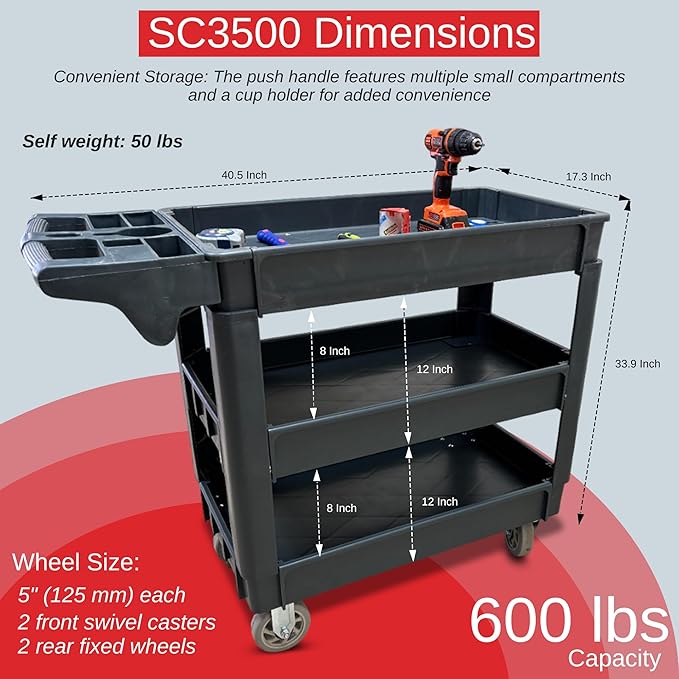 600 lbs Heavy Duty Rolling Utility Service Cart with Wheels, 3-Tier HDPE Deep Shelves, 5" Caster Wheels for Warehouse/Garage/Restaurants/Offices (SC3500)