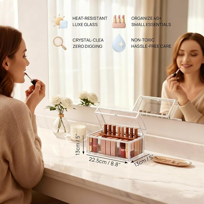 40 Lipsticks Organizer with Lid, Glass Display Box Fits Large Perfume & Skincare, Easy-Access Organiser for Vanity Countertop, Multifunctional Display Box in Any Rooms