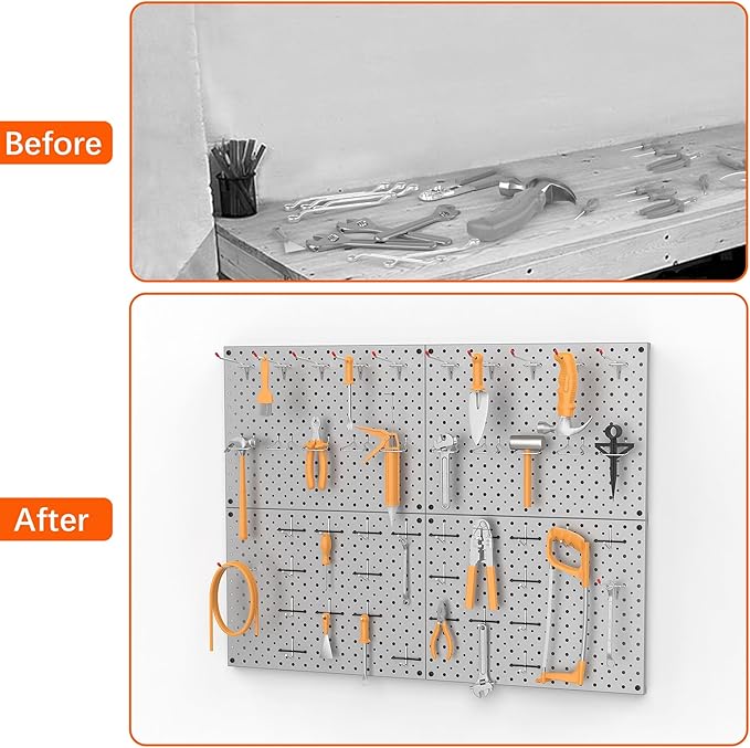 TORACK 4Pcs 12"x16" Metal Pegboard Panels for Garage, Workbench, Shop, Shed Tool Organizer Peg Board with 1/8" & 1/4" Holes, Modular Wall-Mounted Pegboard for Pegboard Hooks (Grey)