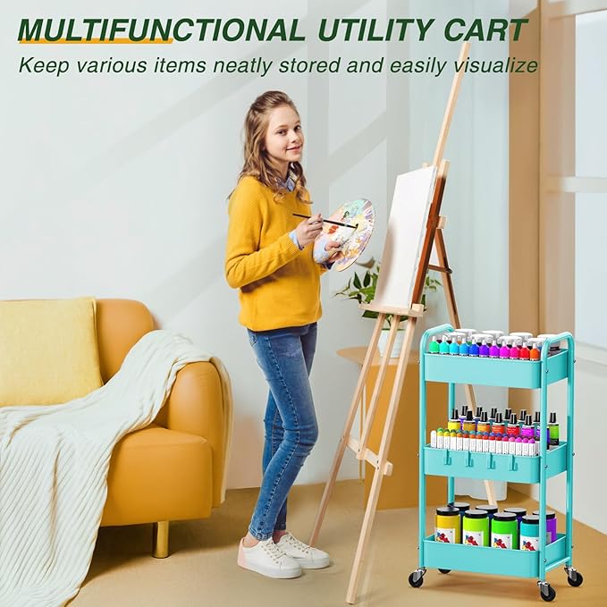 LEHOM 3 Tier Rolling Storage Cart, Metal Trolley Utility Cart with Wheels & Hooks, Easy Assembly Organizer Storage Cart for Bathroom Kitchen Office Bedroom (Blue)