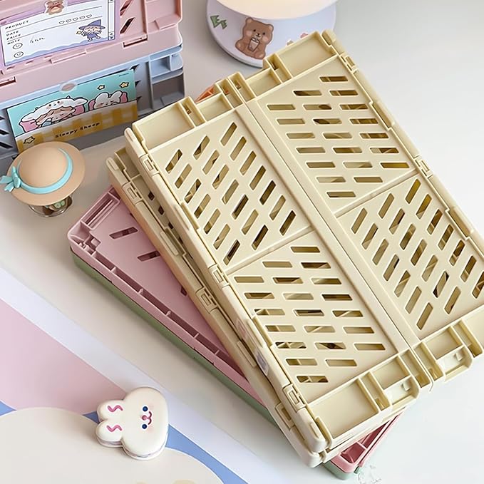 Pastel Plastic Storage Baskets 2 Pack, Collapsible Crates for Organizing, Space-Saving Bins for Kitchen, Office, Bedroom (Purple, Small: 5.8"x 3.8" x 2.2")