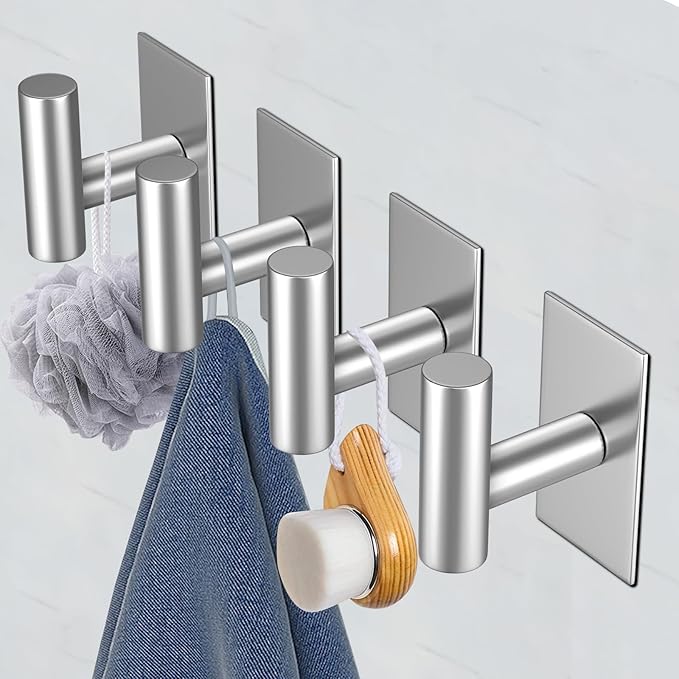 VAEHOLD Wall Towel Hooks, Heavy Duty Sticky Holder Waterproof Towel Hooks for Hanging Coat, Clothes, Closet Hook Wall Mount for Kitchen (Silver, 2 Pack)