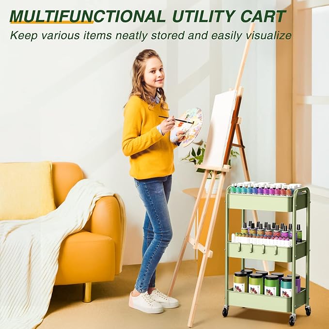 LEHOM 3 Tier Rolling Storage Cart, Metal Trolley Utility Cart with Wheels & Hooks, Easy Assembly Organizer Storage Cart for Bathroom Kitchen Office Bedroom (Green)