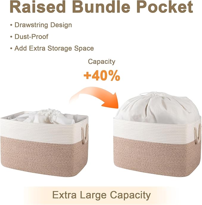 95L Extra Large Blanket Basket with Lid, 24" x 16.9" x 14.2" Woven Storage Basket for Living Room, Rectangle Nursery Blanket Storage for Toys, Towels, Dirty Clothes, Yellow & White