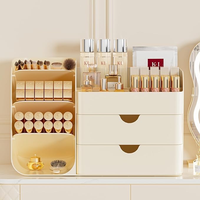 Makeup Organizer with Drawers,Large Capacity Countertop Organizer for Vanity,Bathroom and Bedroom Desk Cosmetics Organizer,Easy To Storage Skincare,Brushes, Eyeshadow,Lipstick (Cream, Large)