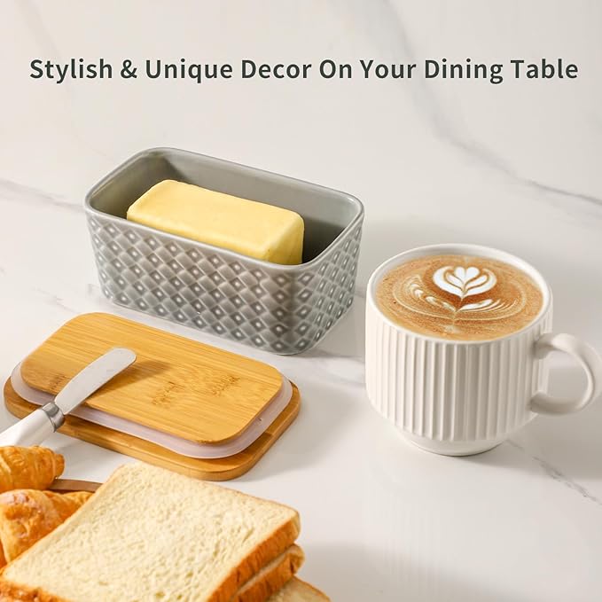Hasense Ceramic Butter Dish with Wooden Lid, Large Butter Container for Countertop Airtight Butter Stick Covered Keeper,Grey Embossed Pattern,Easy Clean Dishwasher Safe