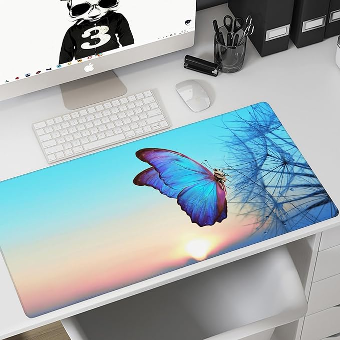 Gaming Mouse Mat Morpho Butterfly and Dandelion Large Mouse Pad Extended Mouse Pad Desk Mat Non-Slip Rubber Base Mice Pad Desk Pad for Office Game Home 35.4x15.75 in