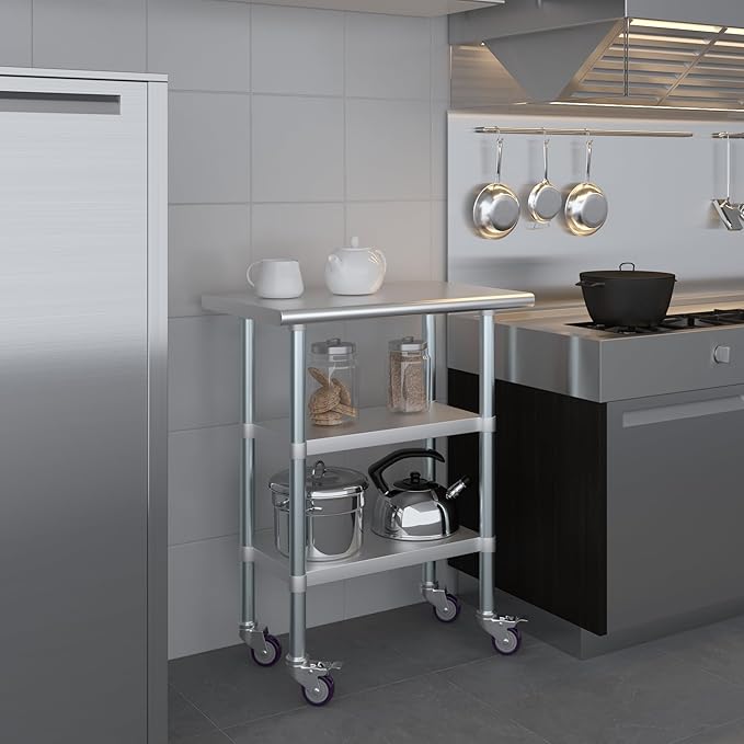 AmGood Stainless Steel Work Table with 2 Shelves and Casters | Metal Utility Table On Wheels (Stainless Steel Work Table with 2 Shelves + Casters, 30" Long x 18" Deep)