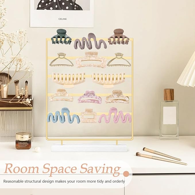 SNOWSTAR Hair Claw Clip Holder Organizer - 5 Tier Iron Rod Hair Clip Holder Storage for Women Girls, Wood Base Desktop Organizer