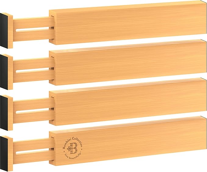 4 Pack Drawer Divider - 2.6" High, 16" to 22" Adjustable Bamboo Drawer Organizers for Clothes, Expandable Dresser Separators in Bedroom/Bathroom/Kitchen/Office Organization and Storage (Natural)