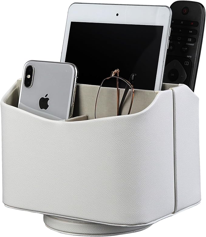HofferRuffer Spinning Remote Control Holder, Remote Caddy, 360 Degrees Rotatable Remote Control Organizer, Desktop Organizer Caddy Holder, PU Faux Leather (White)