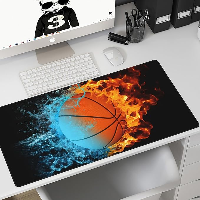 Gaming Mouse Mat Basketball Ball in Fire and Water Large Mouse Pad Extended Mouse Pad Desk Mat Non-Slip Rubber Base Mice Pad Desk Pad for Office Game Home 35.4x15.75 in