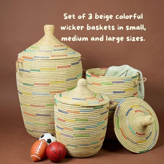 Tall Large Decorative Wicker Storage Basket with Lid, Laundry Hamper, Blanket Storage, Toys Bin, Clothes Holder, Boho Style (Colors Beige)