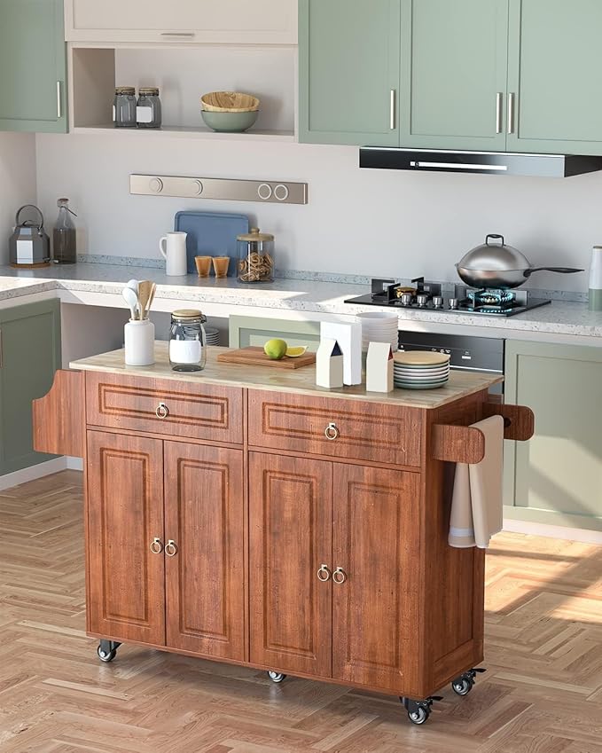 Kitchen Island with Drop Leaf and Storage, on Wheels Two Drawers, Large Storage Cabinet, Towel Rack Spice Cart Brown