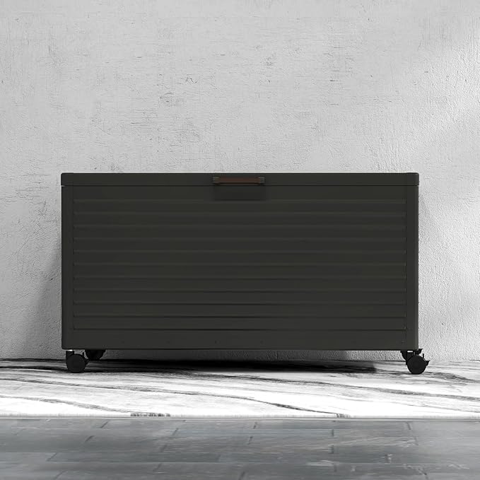 MIRADOR 134 Gallon Outdoor Storage Box Waterproof, Metal Deck Box with wheels for Patio Furniture, Garden Tools, Outdoor Cushion, Charcoal