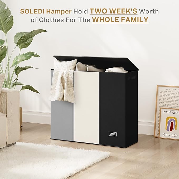 SOLEDI Laundry Hamper 3 section with lid and 3 Pcs Bag, Large Hamper 3 compartment 180L, Laundry Basket Laundry sorter Clothes hamper for Laundryroom Bedroom Blanket Storage Organizer