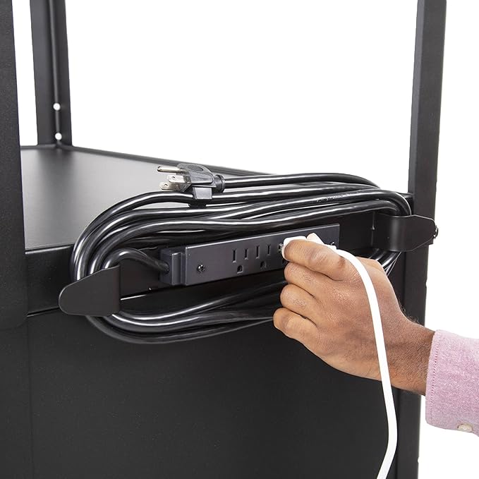 Line Leader Rolling AV Cart with Locking Cabinet, Laptop Stand, and Drop Leaves, Height Adjustable Mobile Utility Cart Workstation with Extra Storage Space, UL-Listed Power Strip (Black / 46 x 18)