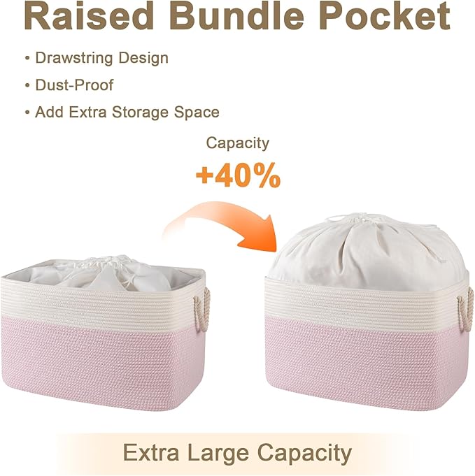 95L Extra Large Blanket Basket with Lid, 24" x 16.9" x 14.2" Woven Storage Basket for Living Room, Rectangle Nursery Blanket Storage for Toys, Towels, Dirty Clothes, Pink & White