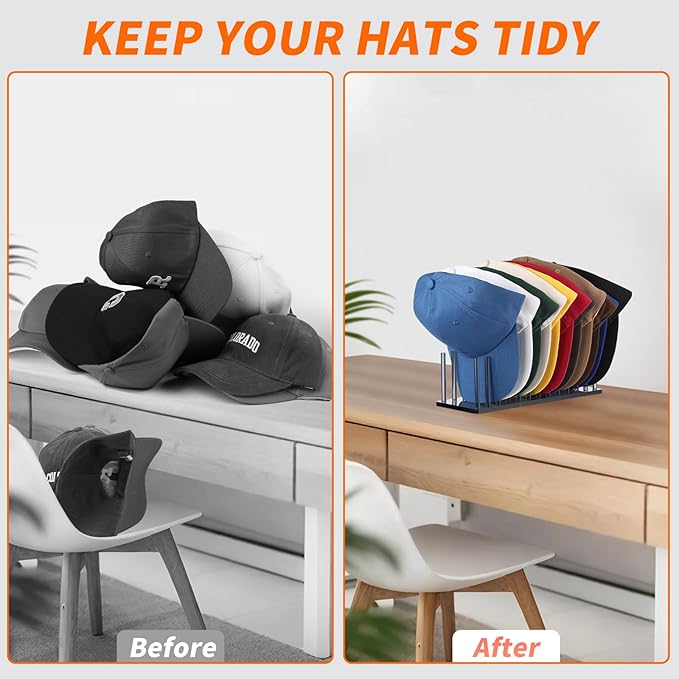 Kadolina Hat Organizer for Baseball Caps, Acrylic Hat Rack for 12 Baseball Caps, Hat Holder Display and Organizer for Closet, Tabletop, Dressing Table (Transparent Black)