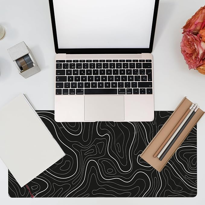 Desk Mat,Black Topographic Contour Map Desk Pad,Topographic Contour Large Gaming Mouse Pad for Desk,Extended Big Computer Keyboard Mouse Pad with Non-Slip Base and Stitched Edge,35.4"x15.7"