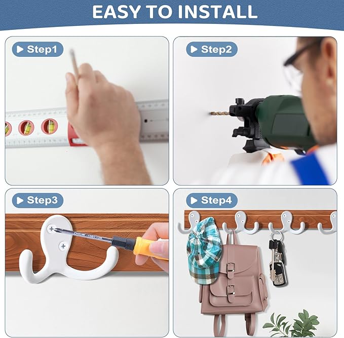 25 Pack Coat Hooks Wall Hooks for Hanging, Heavy Duty Double Prong Metal Hook Wall Mounted for Living Room, Bathroom, Kitchen, Bedroom for Coat, Bag, Scarf, Towel, Hat, Key, Cup (White)