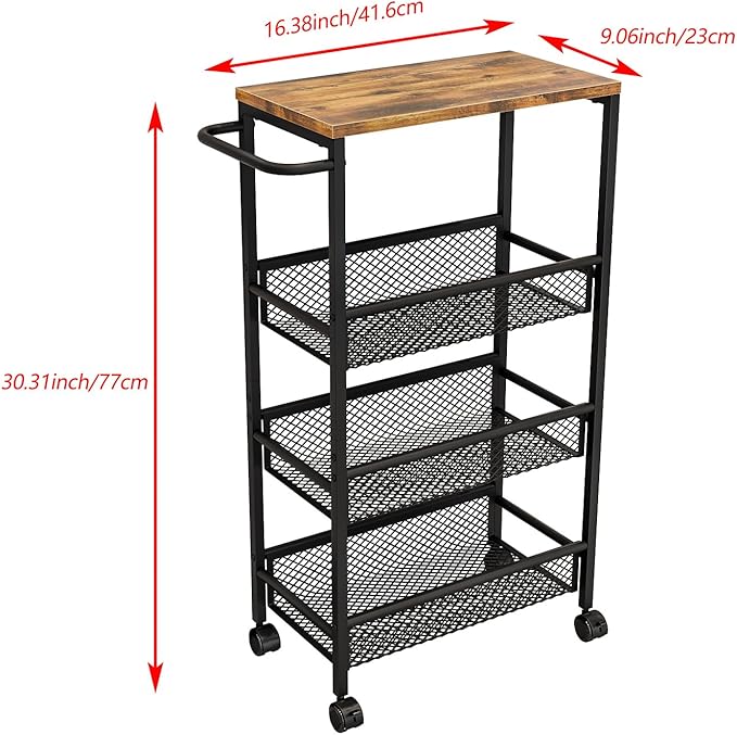 AZERPIAN Slim Rolling Cart 4 Tier Narrow Storage Cart on Wheels with MDF Board Top and Metal Handle for Small Space Kitchen Living Room Bathroom Laundry Room (16.38 x 9.06 x 30.31inch)