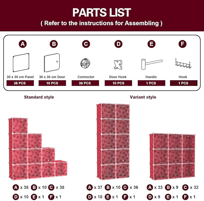 C&AHOME Cube Storage Organizer with Doors, 10-Cube Shelves, DIY Plastic Modular Bookshelf, Closet Clothes Storage Shelving Ideal for Bedroom, Living Room, Clover Embossed, Red