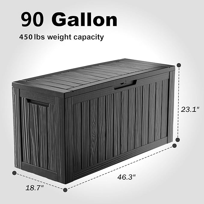 90 Gallon Deck Box,Resin Outdoor Storage Box with Lockable for Patio Furniture, Pool Accessories, Garden Tools Waterproof Outside Storage Box, Black