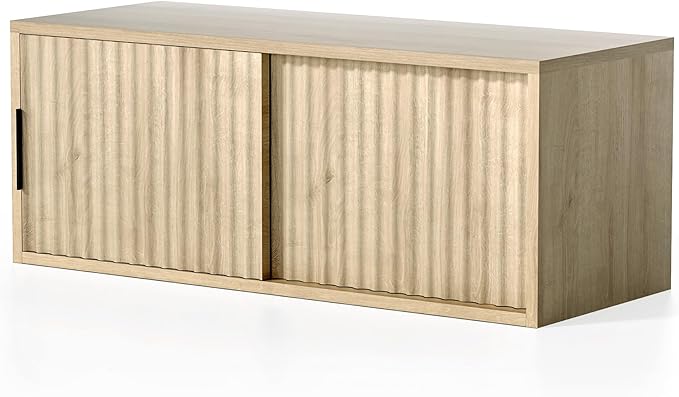 Fluted Floating Nightstand Set of 2 Modern Large TV Stands Wall Mounted Bedside Tables with Sliding Doors Storage Cabinet for Living Room, Bedroom Light Oak