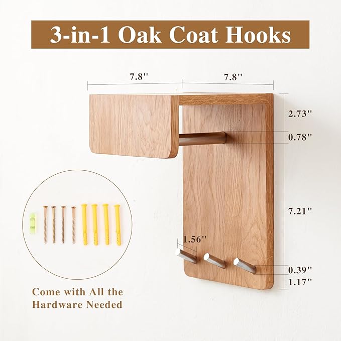 Oak Wood Coat Rack Wall Mount with 8 Inch Long Entryway Wall Shelf and 3 Hooks, Floating Shelf with Hooks for Bathroom, Hallway, Living Room
