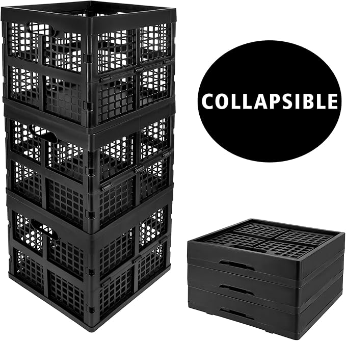 3-Pack Collapsible Plastic Storage Crates,Foldable Crates for Storage,16L (Black)