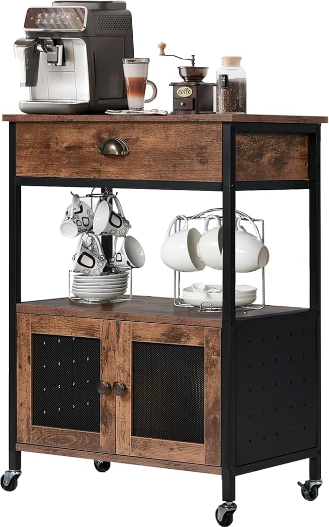 Catrimown Coffee Cart Station, Coffee Stand Station, Small Microwave Stand with Drawer, Movable Farmhouse Coffee Station Table on Wheels for Living Room, Entryway, Dining Room, Kitchen