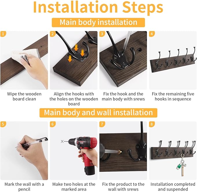 IBosins 2 Pack Coat Rack Wall Mount, 17'' Old Wood Color Coat Hanger, Rustic Wooden Metal Coat Hooks Rail for Entryway Living Room Coat Jacket Scarf Bag Towel Hat