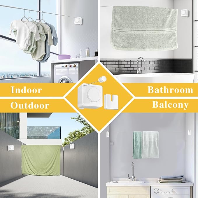 Retractable Clothesline Indoor, Non-Sagging Outdoor Clothes Line retracting,15.4 Ft Heavy-Duty Clothes Drying Laundry Line,Wall Mounted Stainless Steel Line (White)