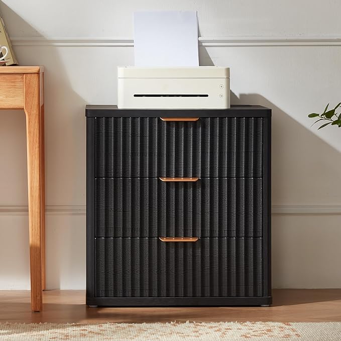 LEYAOYAO 23" Wide Fluted Farmhouse Night Stand Set of 2 with Charging Station, 3 Drawers Large End Table w/Metal Handle,Black Nightstand Bedside Table,Wood Dresser for Bedroom, Closet