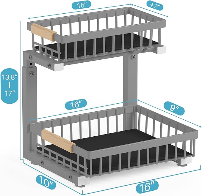 1 Packs 2 Tier Grey Under Sink Organizer,Under Sink Organizers and Storage, Slide Out Pull Out Cabinet Organizer Shelf, Metal Sliding Drawer for Kitchen Bathroom Cabinet Organization Rack