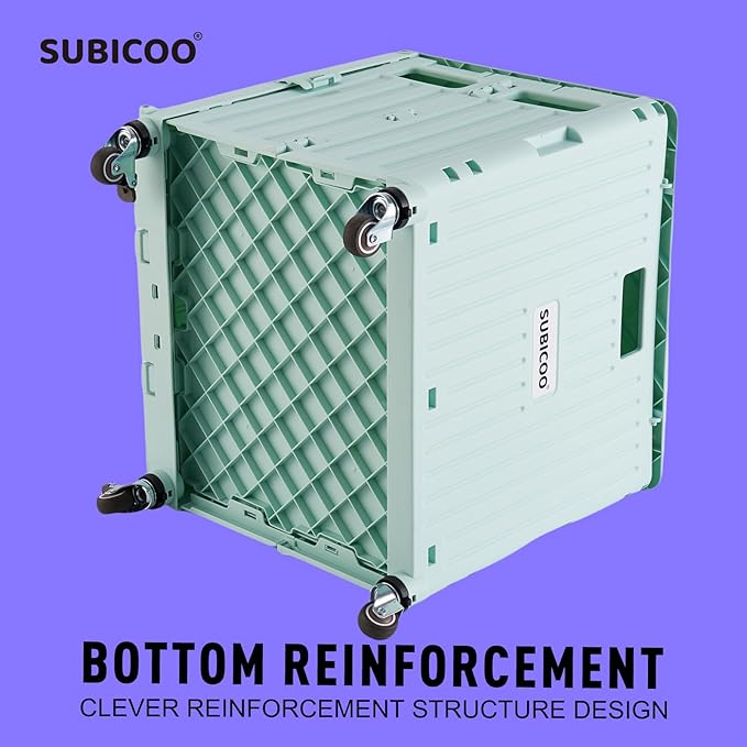 Folding Utility Cart Portable Rolling Crate Handcart Shopping Trolley Collapsible Tool Box, with Lid, on 4 Rotate Wheels, for Grocery, Shopping, Office, Camp, Teacher (Green)