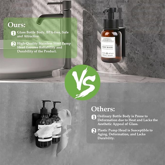 Glass Soap Dispenser with Pump and Wall Mount Holder,8.5 Oz Shampoo and Conditioner Dispenser with Waterproof Labels(Brown)