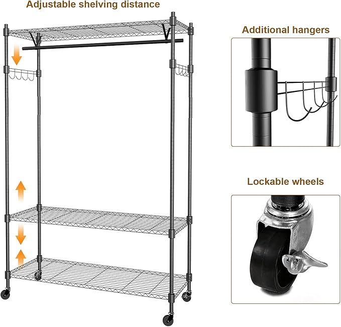 BATHWA Rolling Garment Rack with Adjustable Wire Shelf, 3 Tired Clothes Rack including 1 Clothes Hanging Bar, 1 Roating Hanger Hooks - Hold Up to 400Lbs (Black, 1Rod 1Hook)