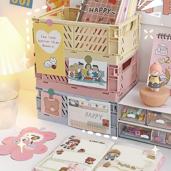 Small Pastel Plastic Storage Bins 2Pcs Foldable Pastel Crates Plastic Basket Colorful Storage Containers Baskets for Classroom Kitchen Office Bedroom Desktop Home Decor (White 5.8" x 3.8" x 2.2")