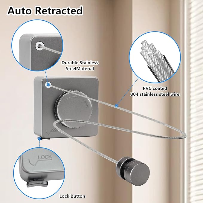 15.7Ft Retractable Clothesline Indoor an Anti-sag Retractable Clothesline Outdoor,Laundry Line Wall Mounted Stainless Steel Wire Laundry, with 12 Clip(Gray)