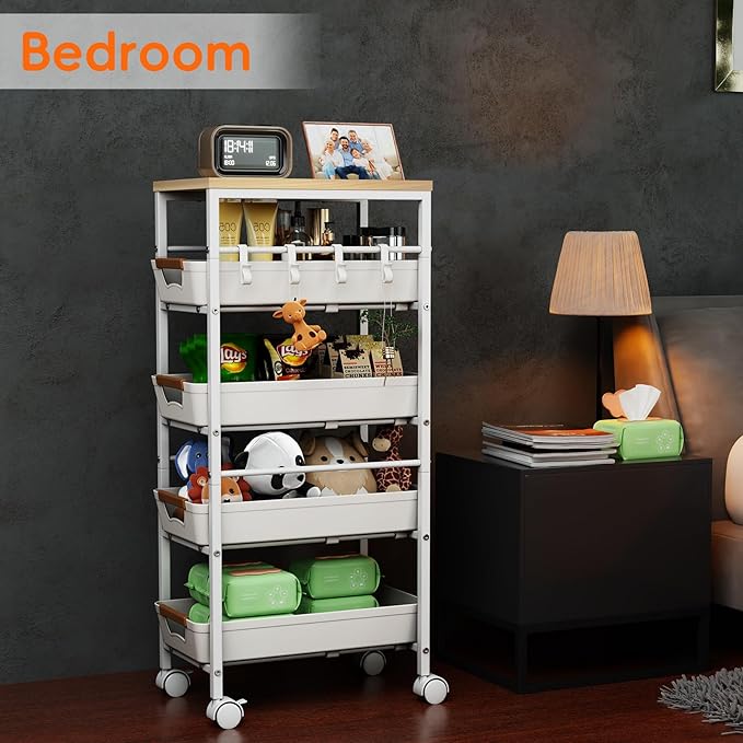 5-Tier Kitchen Storage Cart, Wood Top Rolling Cart Organizer with Pull-Out Baskets & Wheels, Metal Snack Cart with Holder for Fruit, Vegetable, Microwave, Kitchen, Pantry, White