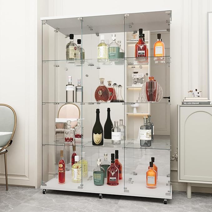 Beauty4U Glass Display Cabinet with Mirror Back Panel, 12 Shelves with 3 Columns, 2 Doors Curio Cabinets for Living Room, Bedroom, Office, White Floor Standing Glass Bookshelf, Quick Installation