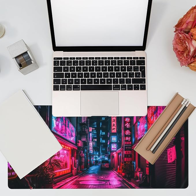 Desk Mat,Japanese Anime Neon Street Desk Pad,Anime City Large Gaming Mouse Pad for Desk,Extended Big Computer Keyboard Mouse Pad with Non-Slip Base and Stitched Edge,35.4"x15.7"
